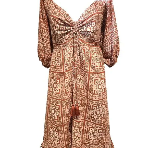 Cleobella Joely Midi Dress Organic Cotton Paisley Puff Sleeve Boho Terracotta L - Picture 6 of 12